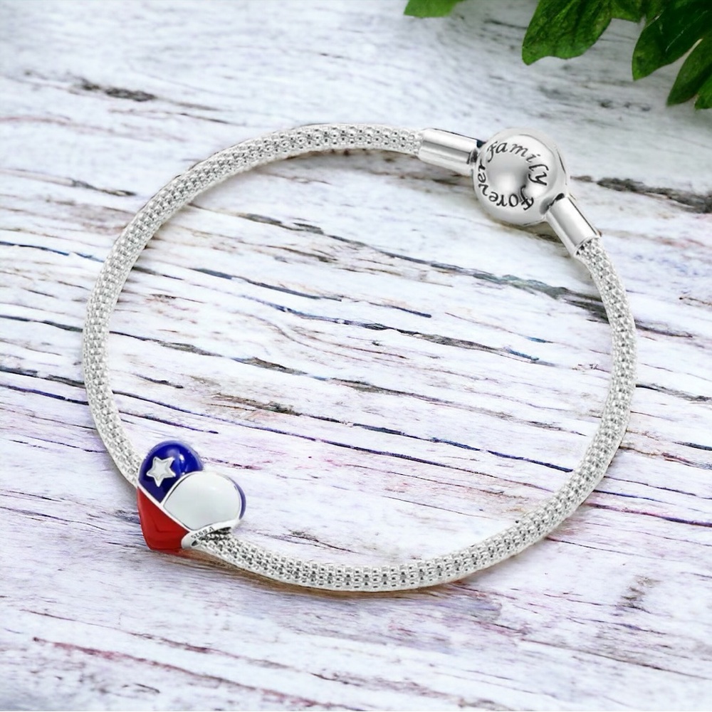 Sterling Silver Heart Shaped Chilean Flag Pendant and Bracelet Set